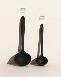The GIR Ultimate & Skinny Ladle with dimensions on a grey background. 