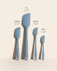 The GIR Ultimate, Pro, Skinny & Mini Spatula with dimensions on a grey background.