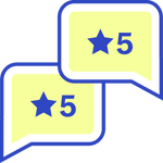 Illustration of 2 Speech bubbles with 5 stars on them representing 5 - star reviews. 
